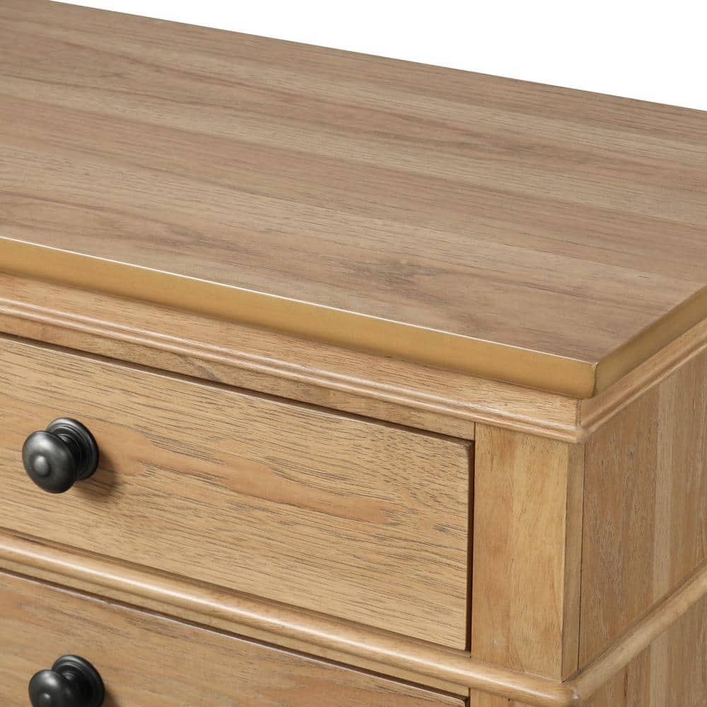 Natural Oak 2-Drawer Solid Wood Nightstand with Metal Knobs
