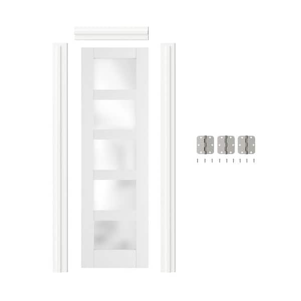 30 in. x 80 in. Left-Handed 5-Lite Frosted Glass White MDF Wood Single PreHung Interior Door with Door Jamb Hardware Kit