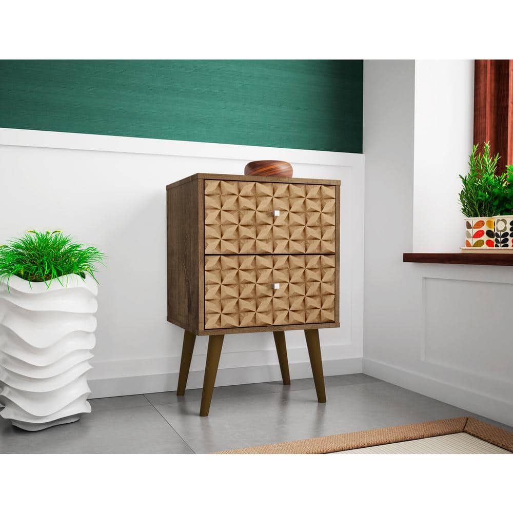 Rustic Brown & 3D Prints Mid-Century Modern 2-Drawer Nightstand
