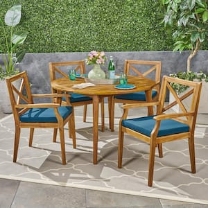 Pines Teak Brown 5-Piece Wood Outdoor Patio Dining Set with Blue Cushions