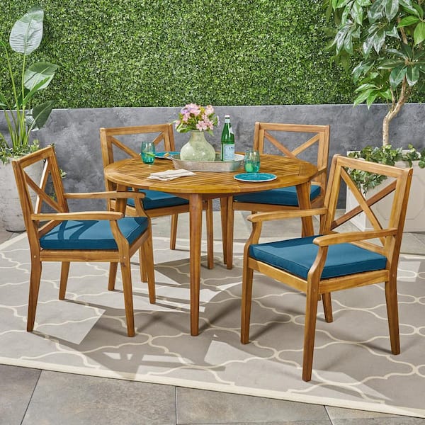 Noble House Pines Teak Brown 5-Piece Wood Outdoor Patio Dining Set with Blue Cushions