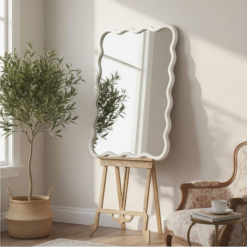 Shea White Brown 24 in. W x 36 in. H Decorative Wavy Rectangle Wood Framed Wall Mirror