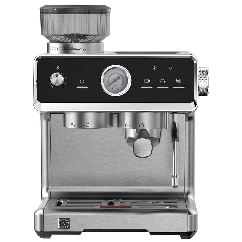 Elite Auto-Tamp Espresso Machine With Grinder and Frother Semi-Automatic 15 Bar Italian Pump 2-Cup Silver/Stainless