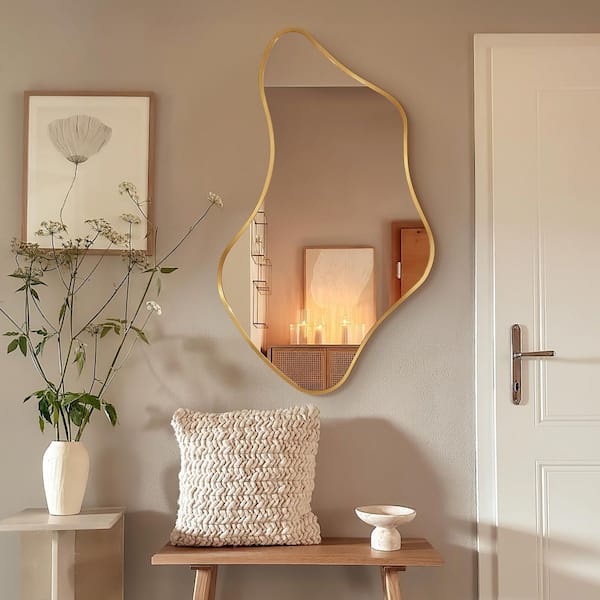 24 in. W x 40 in. H Irregular  Gold Aluminum Alloy Framed Wall Mirror Asymmetrical Wall Mirror