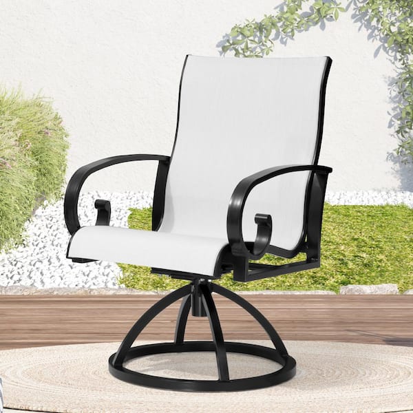 Black Finish Swivel Sunbrella Textilene Sling Steel Aluminum Frame Outdoor Dining Chair in Augustine Oyster Set of 6