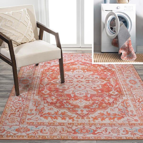 Asa Ornate Medallion Machine-Washable Orange/Cream 5 ft. x 8 ft. Area Rug