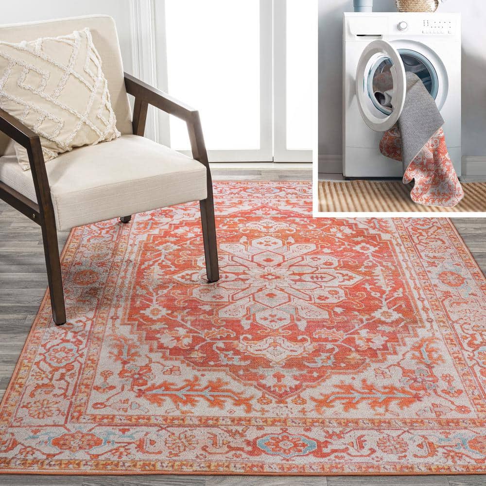 Asa Ornate Medallion Washable Orange and Cream 9' x 12' Synthetic Area Rug