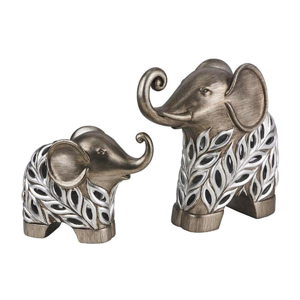 HomeRoots Resin Silver Elephant Statue Set of 2