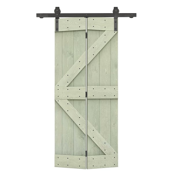 26 in. x 84 in. K Series Solid Core Sage Green Stained DIY Wood Bi-Fold Barn Door with Sliding Hardware Kit