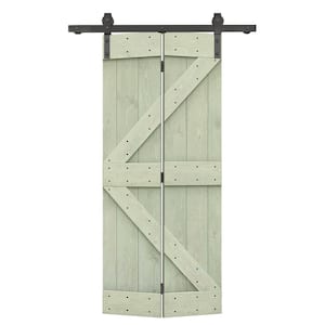 36 in. x 84 in. K Series Solid Core Sage Green-Stained DIY Wood Bi-Fold Barn Door with Sliding Hardware Kit