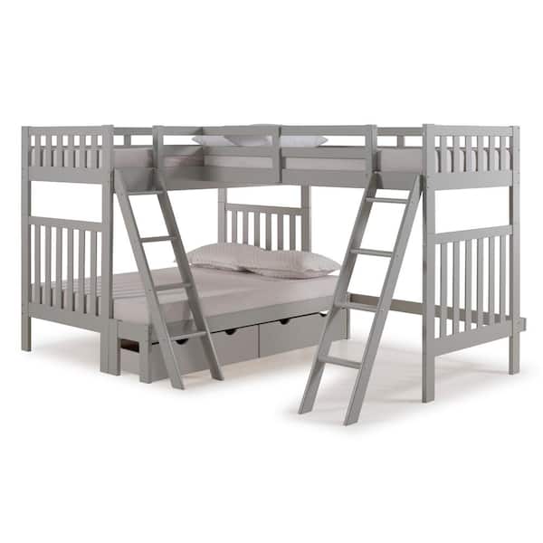 Alaterre Furniture Aurora Dove Gray Twin Over Full Bunk Bed with Tri-Bunk Extension and Storage Drawers