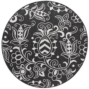 Beach House Black/Light Gray 7 ft. x 7 ft. Round Abstract Medallion Indoor/Outdoor Area Rug