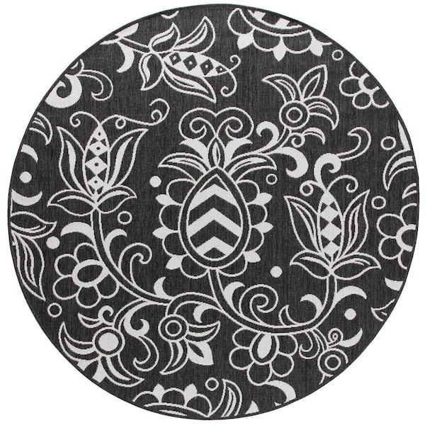 SAFAVIEH Beach House Black/Light Gray 7 ft. x 7 ft. Round Abstract Medallion Indoor/Outdoor Area Rug