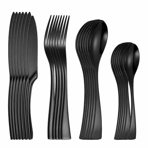 24-Piece Black 18/10 Stainless Steel Flatware Set with Forged Stand Knife (Service for 6), Mirror Polish Dishwasher Safe