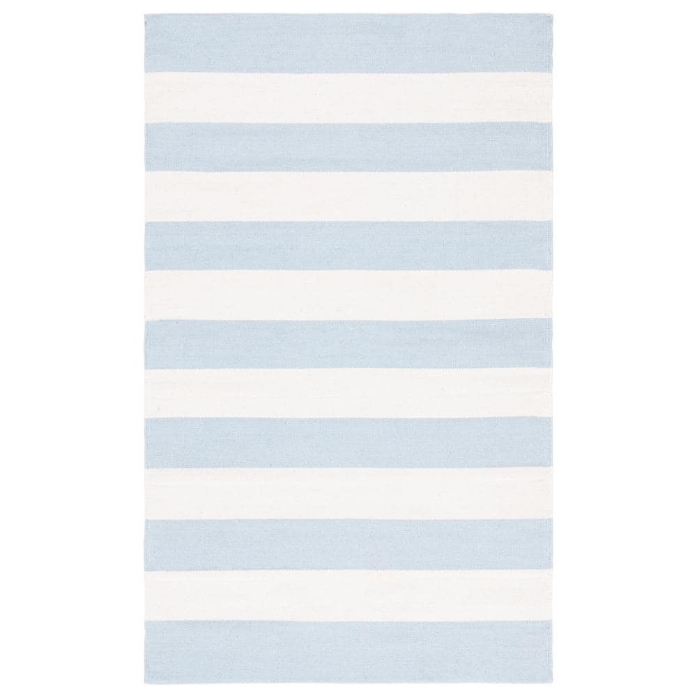 Ivory and Sky Blue Striped Cotton Flat Woven Rug