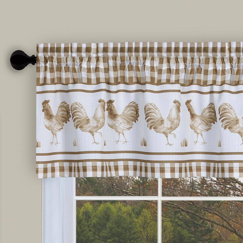 Taupe Gingham Plaid Rooster Pattern Valance, 58 x 14