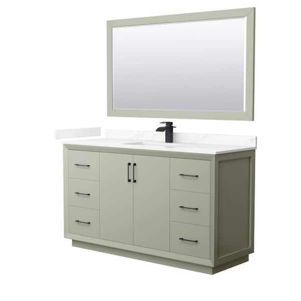 Wyndham Collection Strada 60 in. W x 22 in. D x 35 in. H Single Bath Vanity in Light Green with Giotto Quartz Top and 58 in. Mirror