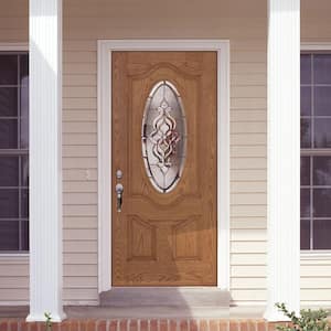 37.5 in. x 81.625 in. Lakewood Zinc 3/4 Oval Lite Stained Light Oak Left-Hand Inswing Fiberglass Prehung Front Door