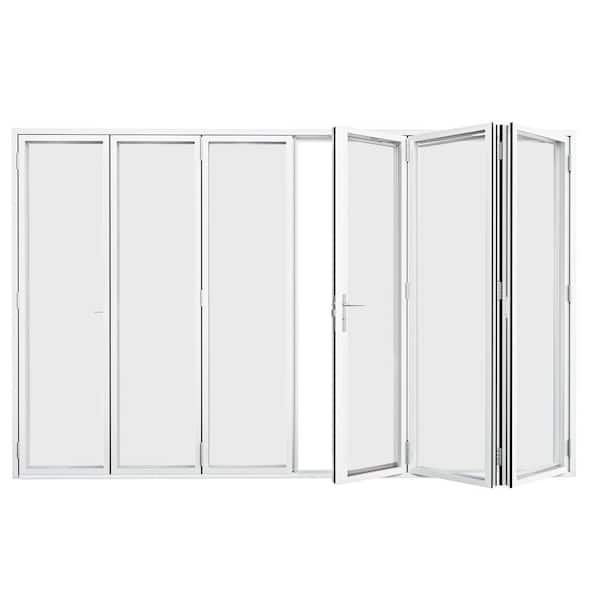 192 in. x 96 in. Left Center Opening/Outswing Double Tempered Glass White Aluminum Folding Patio Door