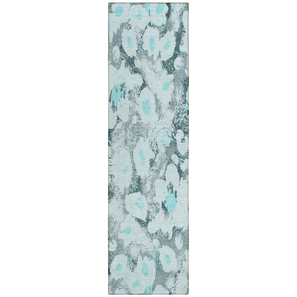 Teal 2 ft. x 8 ft. Woven Floral Runner Indoor/Outdoor Area Rug
