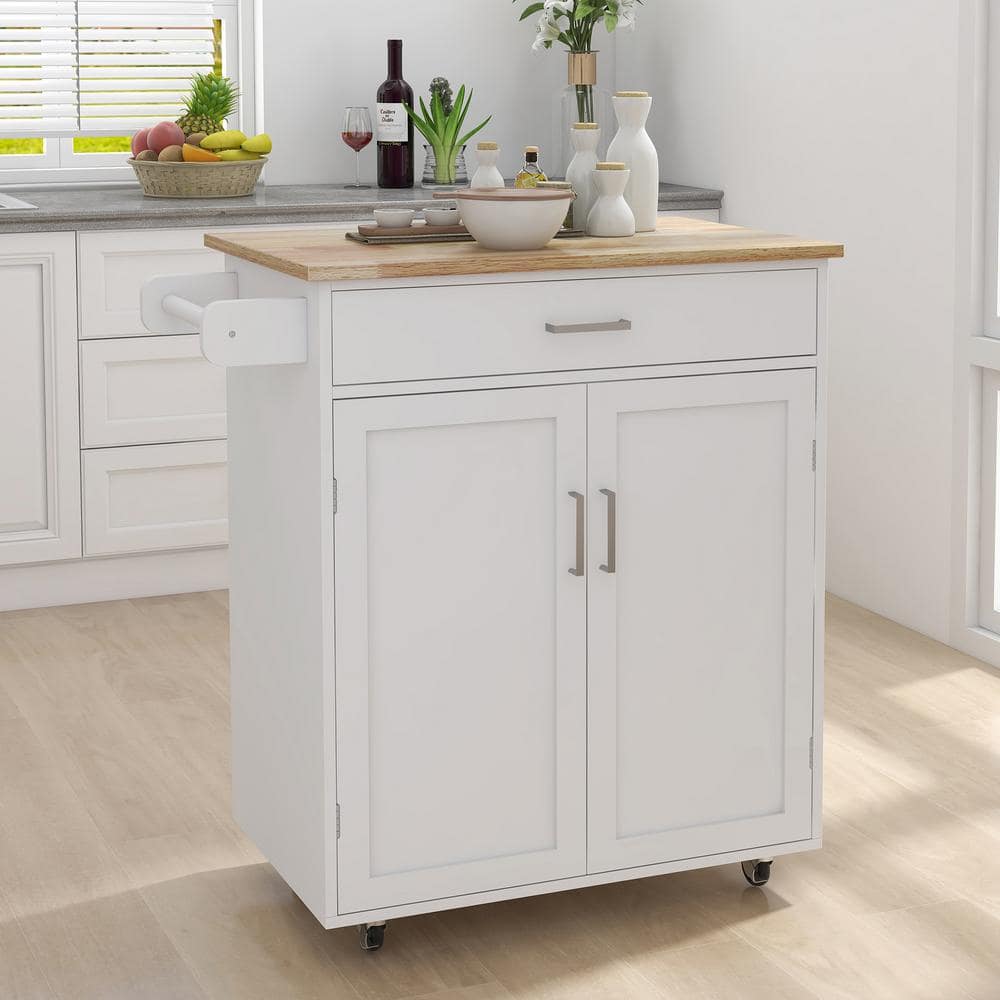 White Rubber wood Kitchen Cart with Towel Rack and Adjustable Shelf