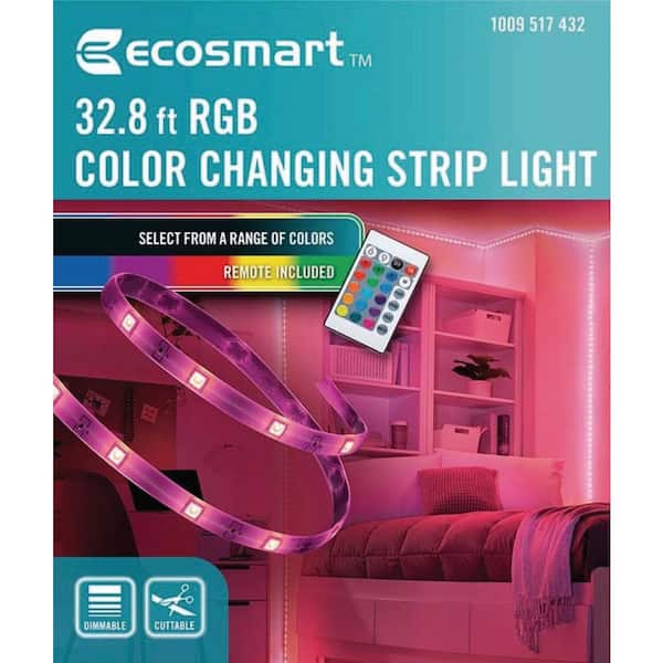 EcoSmart 32.8 ft. RGB Color Dimmable Control Strip LR431U-7.2X5IR3 LED Remote Changing Light Depot with - Home The