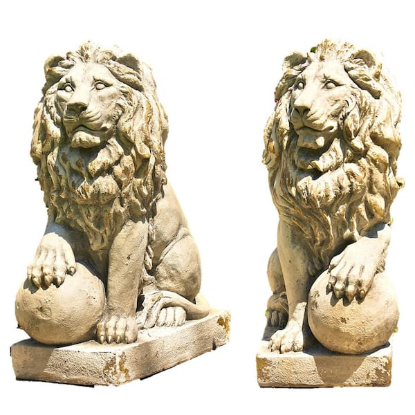 Zaer Ltd. International 27 in. Tall Grey Magnesium Lion Sentry Garden Statues with Ball Marloni and Antonion (Set of 2)