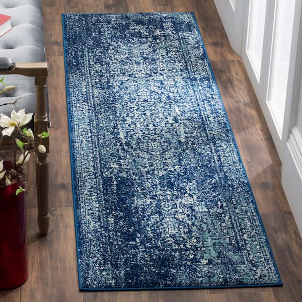 Evoke Navy/Ivory 2 ft. x 15 ft. Distressed Border Medallion Runner Rug