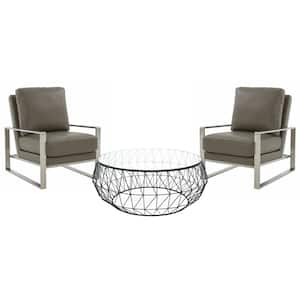 Jefferson Modern 3-Piece Living Room Set with 2-Leather Arm Chair in Silver Frame and Round Coffee Table (Grey)