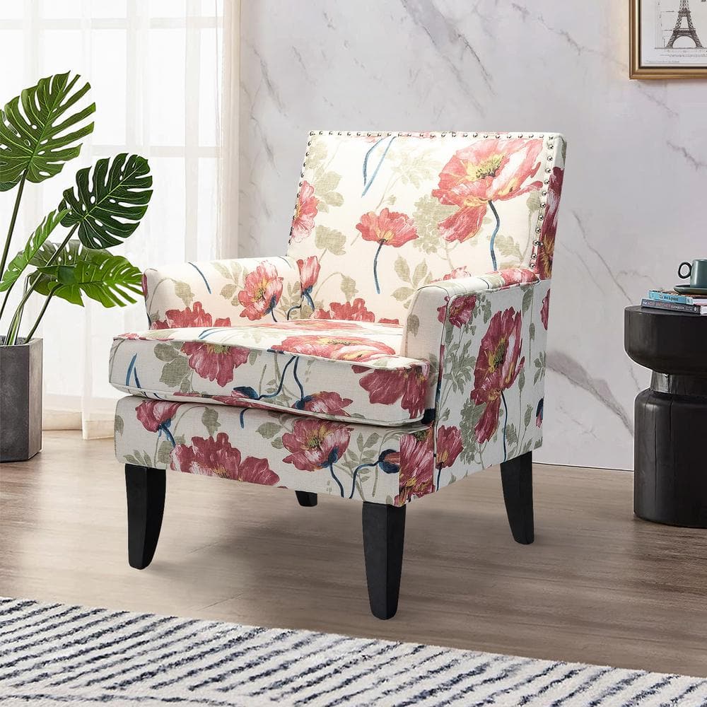 Red Floral Upholstered Accent Chair with Nailhead Trim