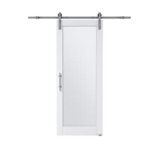 32 in. x 80 in. 1 Lite Tempered Frosted Glass White Finished MDF Sliding Barn Door with Hardware Kit Nickel Plated