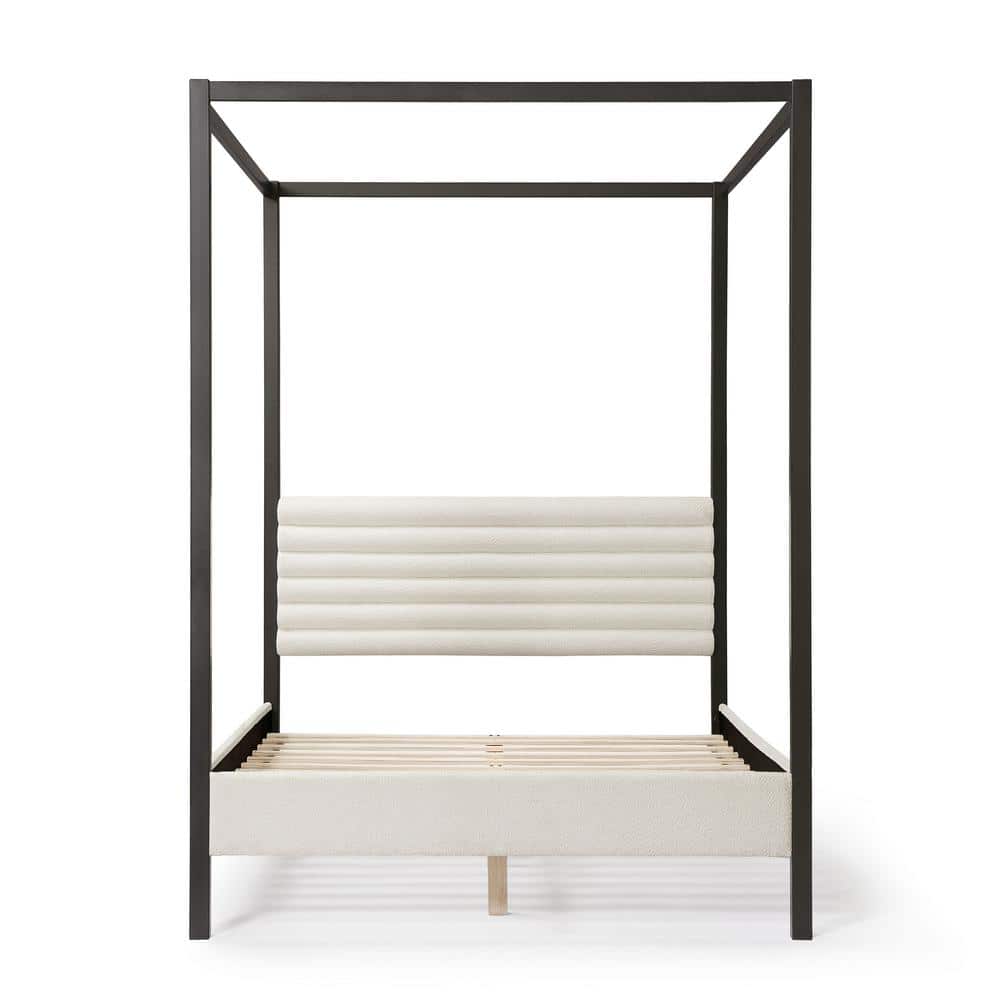 White Queen Canopy Bed with Upholstered Headboard and Wood Frame