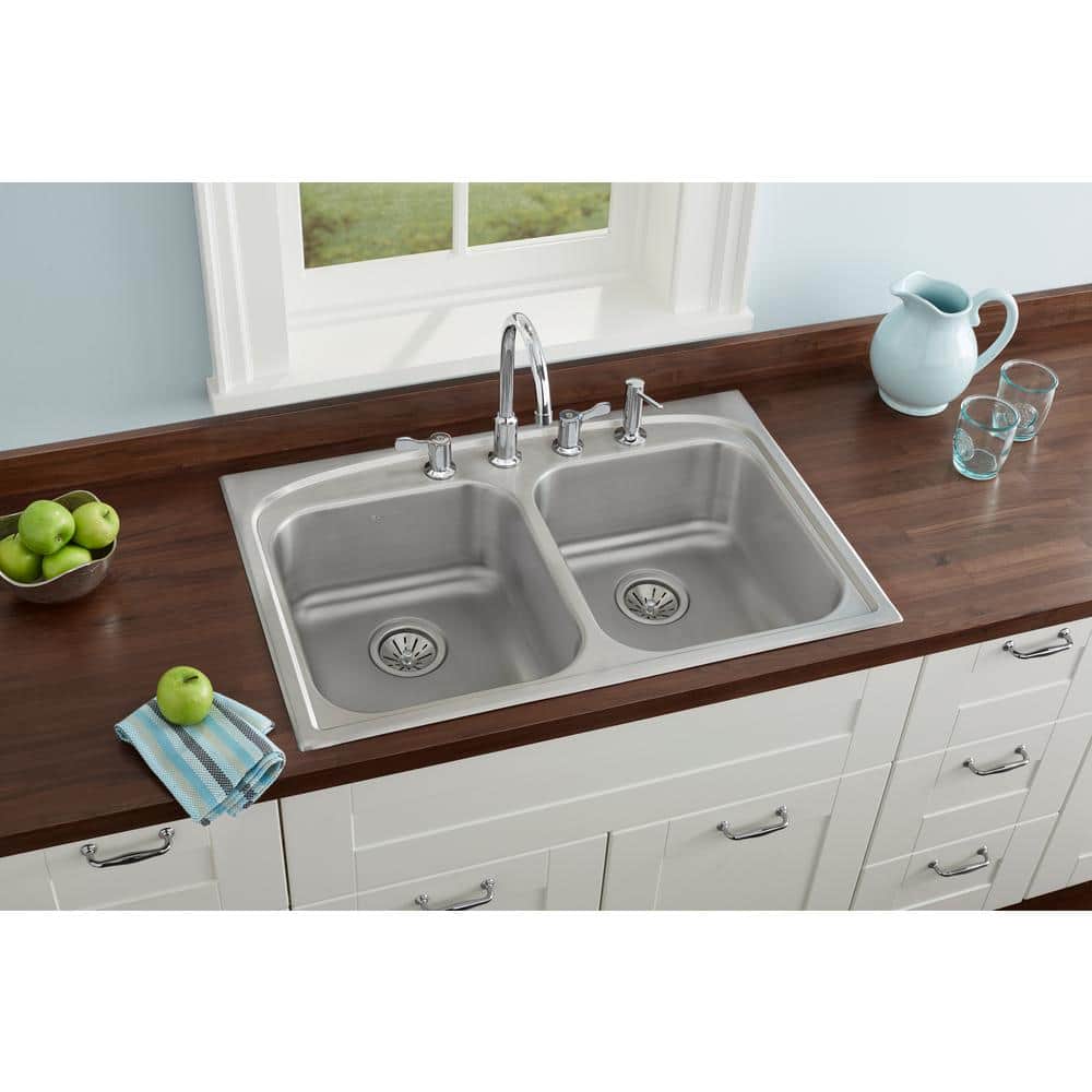 Elkay 33-Inch Satin Stainless Steel Double Bowl Drop-In Sink