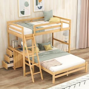 Natural Wood Twin Over Full Bunk Bed with Desk and 3-Drawers Detachable Wood Kids Bunk Bed Frame with Inclined Ladder