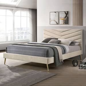 Stateridge Beige Polyester Frame Twin Platform Bed with Padded Headboard and Care Kit