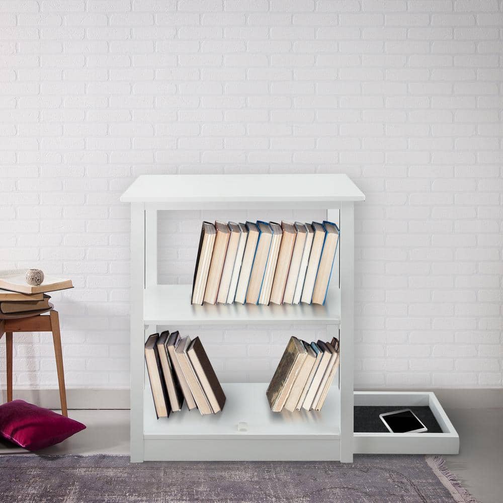 Adams White Solid Pine 3-Shelf Bookcase with Concealed Drawer