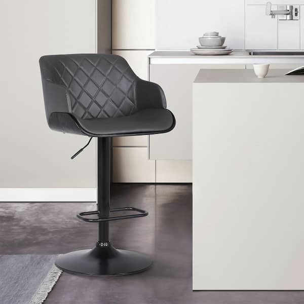Armen Living Toby Contemporary Adjustable Black Powder Coated with Grey Faux Leather and Black Brushed Wood Bar Stool