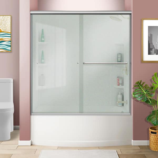 WELLFOR 60 in. W x 57 in. H Double Sliding Semi-Frameless Bathtub Door in Polished Chrome with 1/4 in. Frosted Tempered Glass