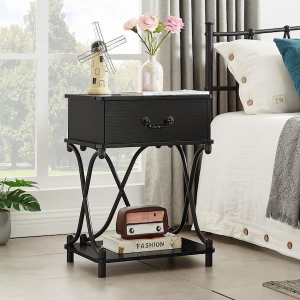 VECELO Nightstands, 1 Drawer Black Nightstand With Storage, Modern Tall End Side Table, 23.6 in. H X 13.7 in. W X 13.7 in. D