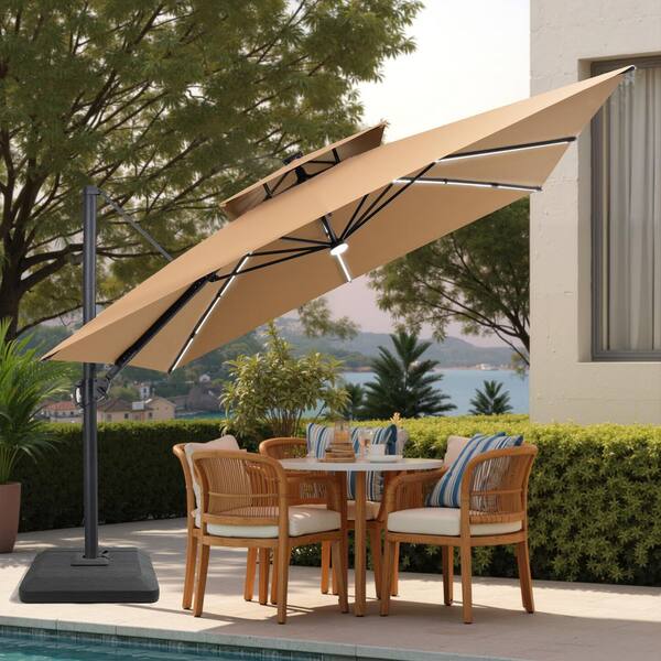 11 ft offset led patio umbrella in tan Sunnyglade Cantilever Deluxe Umbrella top design with a ventilated canopy Crestlive Products 11-ft Aluminum Tan