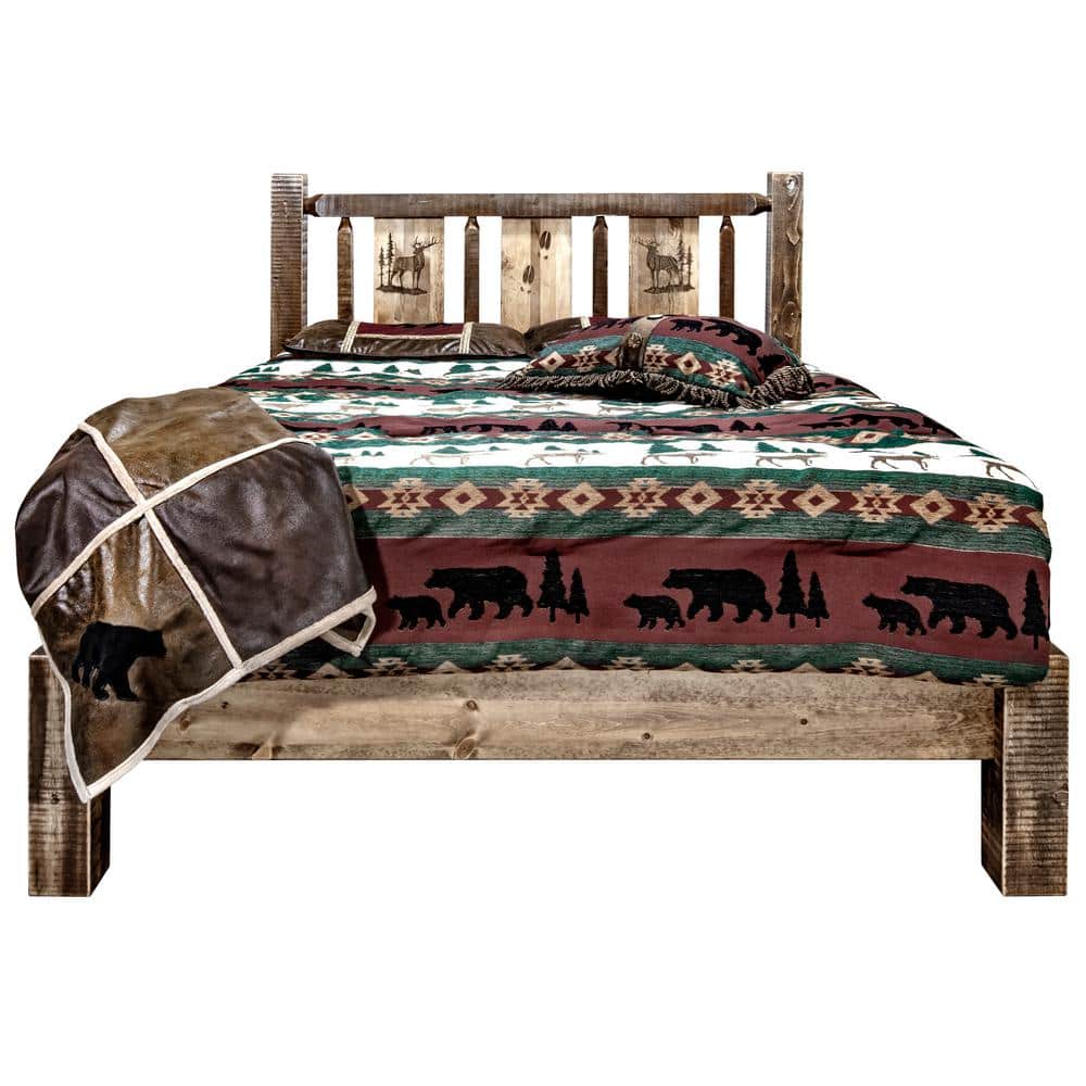 King Brown Pine Wood Upholstered Platform Bed with Headboard