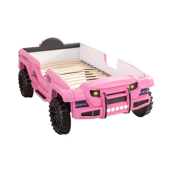 Furniture of America Kaylo Pink Twin Novelty 4 x 4 Offroad Car Platform Bed with LED Lights