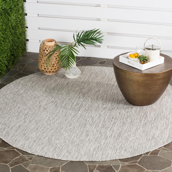 Courtyard Gray 9 ft. x 9 ft. Round Ikat Solid Color Indoor/Outdoor Area Rug