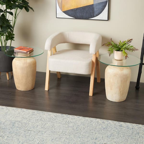 Litton Lane 20 in. Beige Round Ceramic End Table with Glass Tabletop (2-Pieces)