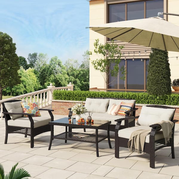 SUNRINX 4-Piece Wicker Outdoor Patio Conversation Set with White Cushions