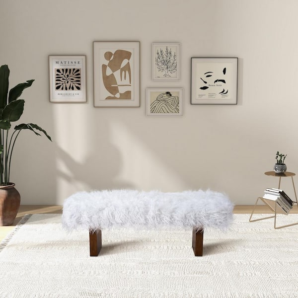 Ashcroft Furniture Co Akari 51 in. Japandi Style Upholstered Luxury Bedroom Bench in White Plush