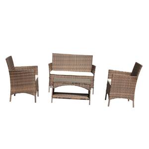 4-Piece Brown Rattan Patio Conversation Set with White Cushions