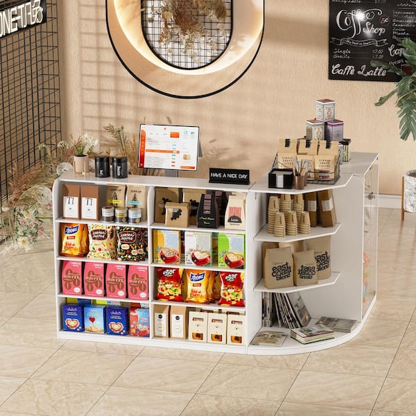 70.9 in. White Reception Desk with Counter,Welcome desk with 2 Drawers & Open Shelves,Transparent Display Case for Lobby