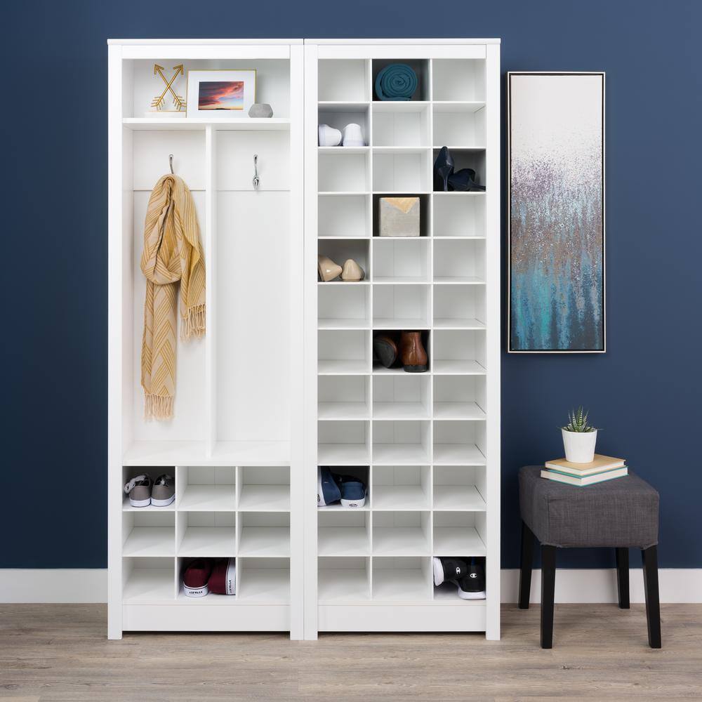 White Laminate Entryway Organizer with Shoe Storage and Coat Hooks