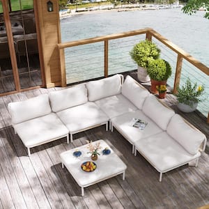 6-Piece Metal Outdoor Sectional Sofa with Beige Cushions 6-Armrest